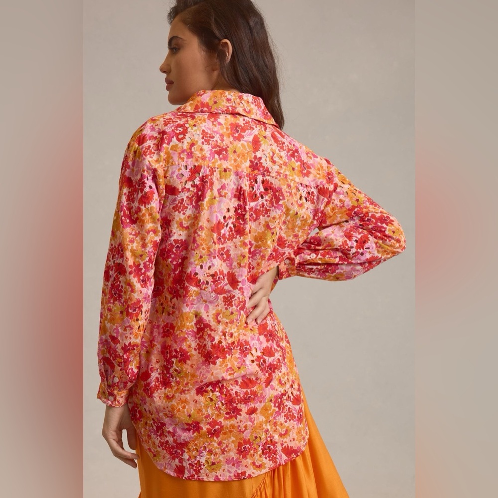 Anthropologie Maeve Tie Front Longline Floral Eyelet Blouse - Picture 11 of 13